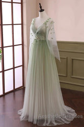 Sage Green Tulle Long Sleeve 3D Flower Evening Prom Dresses